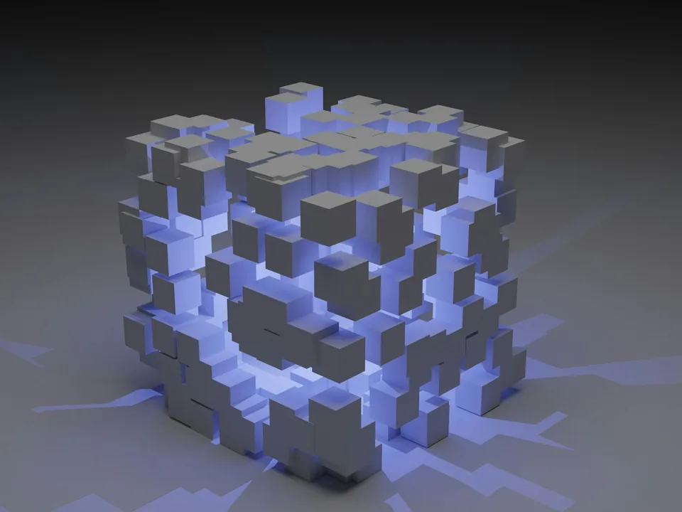 Visualisation en trois dimensions de blocs chaînés — image symbolique de la blockchain Bitcoin